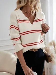 Eleganter lockerer V-Ausschnitt Strickpullover mit roten Streifen und langen Ärmeln
