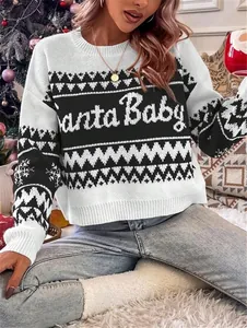 Cozy Santa Baby Christmas sweater with black and white fair isle pattern and crew neck design.