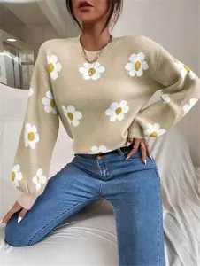 Détail d'un pull en tricot beige avec motif de marguerite et col rond classique