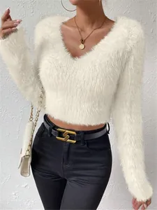 Close-up detail of white plush V-neck short sweater for women