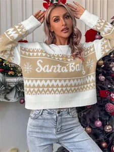 Cozy round neck Christmas sweater featuring a Santa Baby snowflake knit pattern