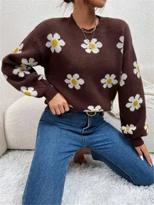 Vue détaillée d'un pull en maille marron à col rond avec des motifs de marguerites