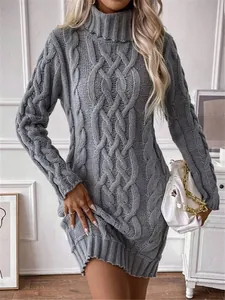 Elegant grey high neck cable knit sweater dress with a slim fit and long sleeves design