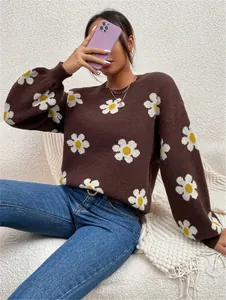 Vue détaillée d'un pull en maille marron pour femme avec motifs floraux de marguerites
