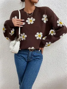 Vue détaillée d'un pull en maille marron avec de grands motifs de marguerites blanches