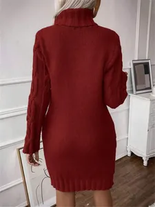Back view of elegant burgundy turtleneck sweater dress featuring cable-knit sleeve details.
