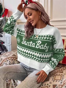 Festive green and white knit Christmas sweater with Santa Baby text and snowflake patterns