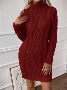 Close-up detail of burgundy high-neck cable knit slim fit long sleeve sweater dress