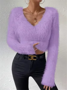 Chic slim fit purple V-neck fuzzy mohair cropped sweater for women's winter street fashion