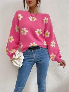 Pull en tricot rose à col rond avec grands motifs de marguerites pour femmes