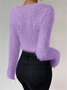 Detailed back view of a lavender fuzzy cropped sweater showing soft plush texture and slim fit