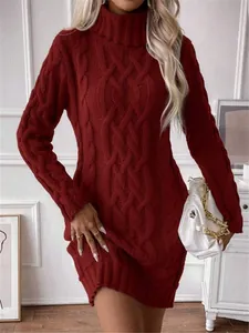 Close-up of an elegant burgundy turtleneck cable knit mini dress for women now.