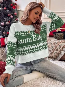 Cozy green and white knit Christmas sweater featuring Santa Baby text and snowflake pattern