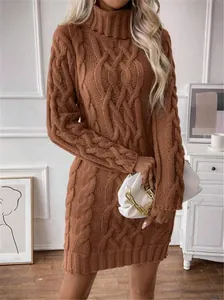 Elegant caramel cable-knit turtleneck sweater dress showing detailed knit texture and style.