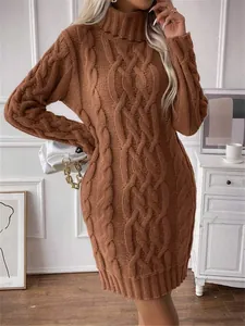 Detailed texture view of a brown cable-knit turtleneck slim-fit long sleeve dress