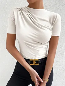 Detail view of white slim fit T-shirt showing elegant draped shoulder and pleated waist