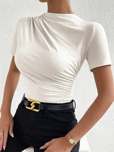 Close-up detail of women's ivory ruched short sleeve bodysuit with a slim fit design