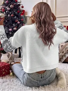 Back view of a white knitted Christmas sweater with grey snowflake sleeve patterns