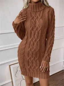 Detailed view of a brown high neck cable knit bodycon long sleeve sweater dress