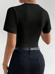 Back view of a slim fit black short sleeve bodysuit for women in a casual summer style