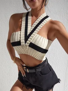 Close-up of slim-fit color-block halter knit vest with ribbed texture