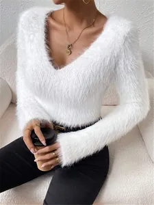 Close-up of soft white fuzzy texture on a V-neck slim long-sleeve sweater