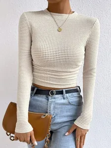Dames Wafelbreisel Geplooid T-shirt Lange Mouwen Slim Fit Ronde Hals Crop Top Ruitpatroon Streetwear Casual Blouse