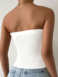 Detailed back view of a white ribbed knit strapless tube top showing slim fit texture