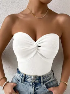 Detail of a chic white twist-front knitted tube top, slim fit strapless design for women