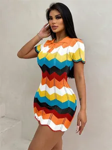 Vibrant chevron pattern polo neck knit mini dress with slim fit and short sleeves