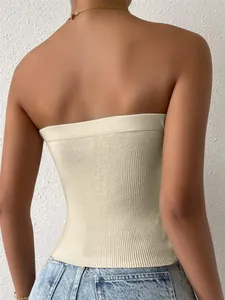 Back view of a beige ribbed knit tube top for women, slim fit style.