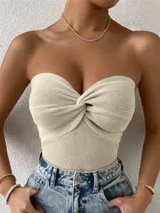 Detailed view of women's beige knit twist-front tube top with slim-fit design