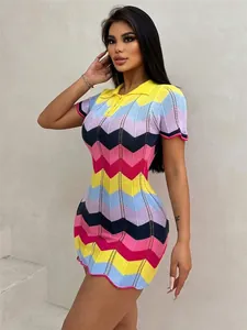 Detail view of colorful chevron pattern knit bodycon dress with polo collar design.