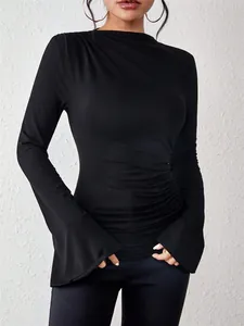 Elegant black slim fit T-shirt featuring ruched waist design and stylish bell sleeves detail