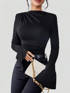 Elegant black mock neck T-shirt with pleated shoulder and bell sleeves for women