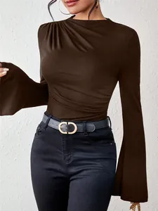 Detail of brown slim-fit T-shirt with elegant flared sleeves and shoulder ruching