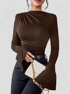 Detailed view of brown ruched shoulder and flared sleeves on slim fit women's T-shirt