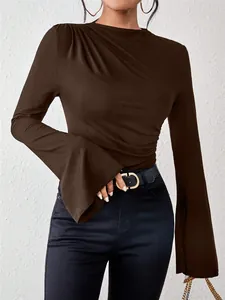 Detail view of women's dark brown ruched mock neck slim T-shirt with elegant flare sleeves