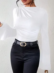 Detailed view of an elegant white flare sleeve T-shirt featuring ruched high neck design