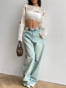 Fashionable white boho-style hollow-out crochet knit cropped shrug with distressed details