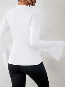 Close-up of the bell sleeves and slim fit design on this white stand collar T-shirt