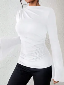 Detail of white slim-fit mock neck T-shirt with side ruching and bell sleeves for women