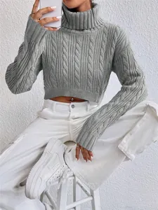 Grey cable-knit cropped turtleneck sweater for women, perfect for stylish autumn layering