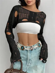 Close-up detail of a black crochet hollow out ripped knit shrug sweater on a model