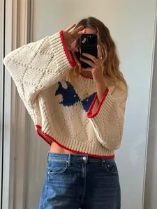 Detail of vintage cream knit sweater featuring blue bird jacquard and red contrast trim.