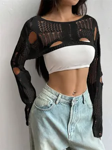 Close-up detail of black distressed hollow-out knit shrug with unique mesh texture