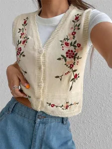 Gilet Pull Brodé pour Femmes Col en V Cardigan Sans Manches Motif Floral Top Décontracté en Tricot d'Acrylique