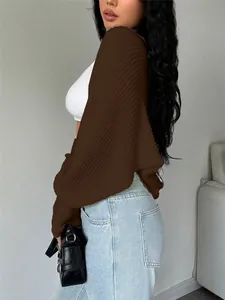 Stylish brown knit cropped shrug cardigan sweater shown in a side and back view detail