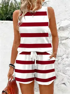 Summer women's sleeveless tank top and shorts set with red and white horizontal stripes.