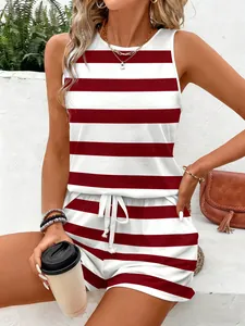 Casual summer sleeveless red and white striped tank top and shorts set with pockets